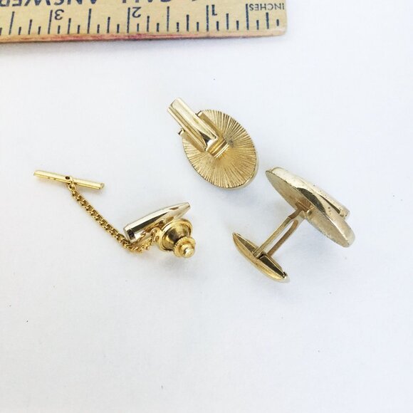 Bullet Design Cufflink Tie Tack Set Man Accessory Gold Tone Cuff Links Tack Pin - Picture 3 of 3
